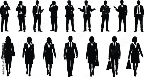 Business professionals silhouette vector set showing men and women in formal attire, diverse poses, corporate gestures, and workplace activities.