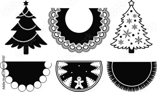 Christmas tree and festive skirt silhouette icons with holiday decorations, perfect for seasonal crafts, design, and celebration projects.