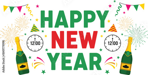 Festive New Year celebration graphic with clocks, champagne, fireworks, and party decorations perfect for seasonal design and event promotions.