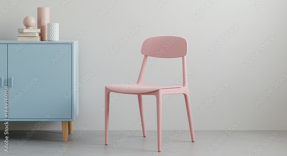Obraz premium A pastel pink chair and blue cabinet in a minimalist interior setting