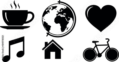 Black silhouette icons set including steaming coffee cup globe heart note home and bicycle in simple vector style