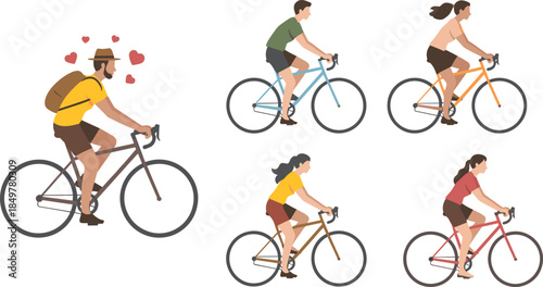 Illustration of diverse cyclists with heart symbols, suggesting admiration or romance, ideal for lifestyle, social, and relationship designs.