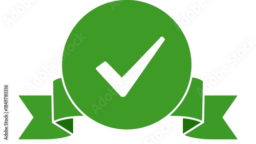 A blue ribbon with a checkmark icon symbolizing approval and validation on a white background from a straightforward viewpoint.