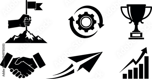 Black flat icon set including hand holding flag goal trophy handshake paper plane chart growth arrow cycle gear