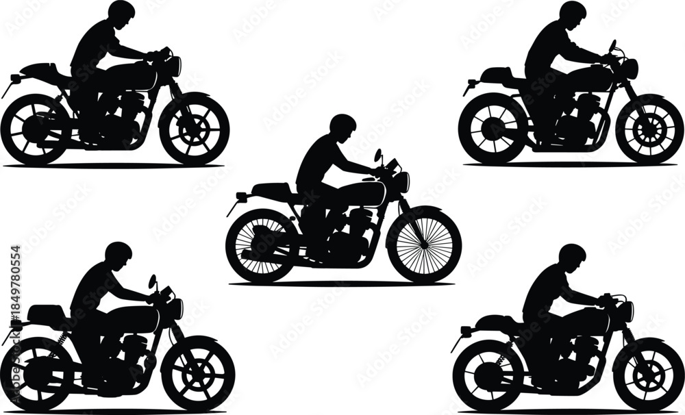 Naklejka premium Silhouette icons of motorcycle riders in various postures and bike styles, perfect for transport, sport, and lifestyle illustrations.