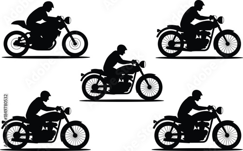 Silhouette icons of motorcycle riders in various postures and bike styles, ideal for transport, sport, and lifestyle illustrations.