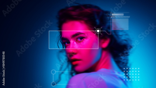 Φωτογραφία Conceptual artwork female portrait with digital targeting and data overlay