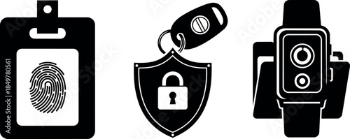 Black silhouette fingerprint id badge security shield padlock key smartwatch icons vector illustration