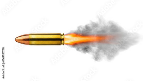 Realistic 9mm bullet firing with muzzle flash and smoke isolated on transparent background
