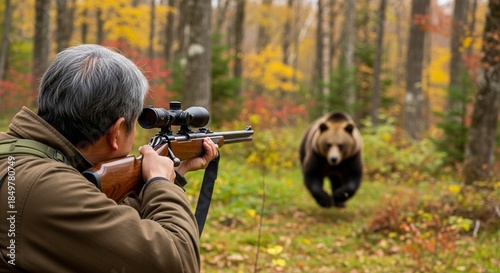 Obraz na płótnie 緊迫の狩猟現場：突進する熊に向けて猟銃を構える日本人ハンター