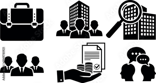 Black business briefcase and silhouette group of people with building magnifying glass searching employment opportunity icons set