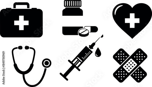 Black medical icon set including first aid kit, pills bottle, heart with cross, stethoscope, syringe with drop, and crossed bandages vector illustration