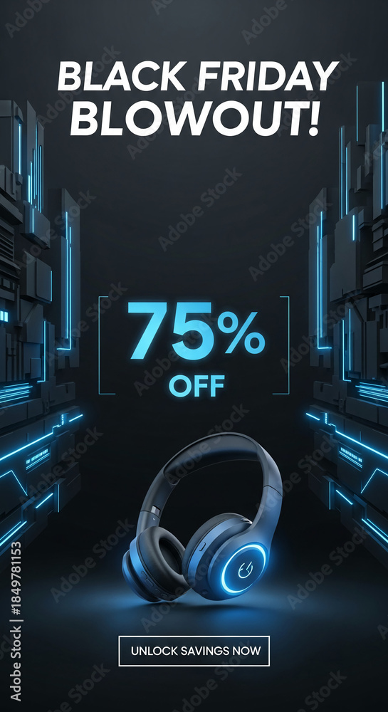 Obraz premium Headphone against dark futuristic background with blue neon. Sale advertisement. Represents offer, technology, Black Friday, special promotion