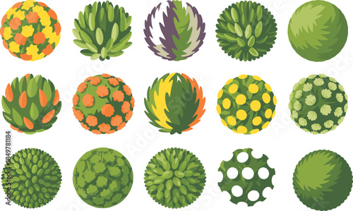 Top-down illustrations of colorful bushes and shrubs with diverse foliage patterns, ideal for landscape design and garden planning visuals.