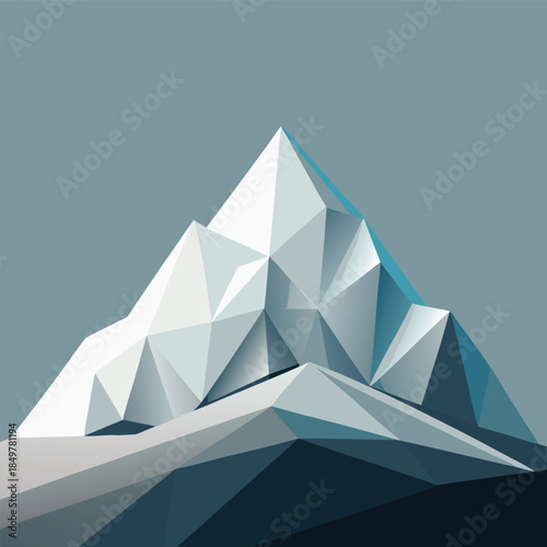 A striking low poly illustration depicts a majestic mountain range showcasing a minimalist aesthetic with geometric shapes and subtle shading