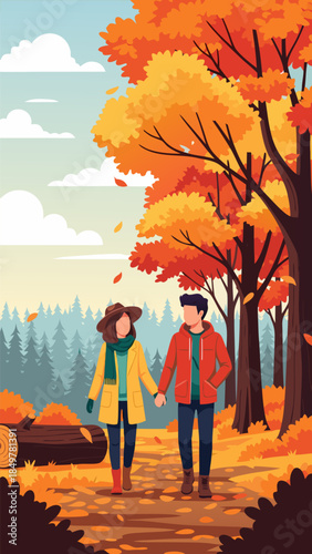 A heartwarming scene of a couple enjoying a peaceful walk in a beautiful autumn forest, surrounded by brilliant orange and yellow foliage