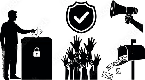 Silhouette of man casting vote into locked ballot box with multiple raised hands shield shielded checkmark and megaphone delivering mail envelope to mailbox vector illustration