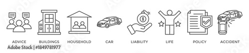 Insurance banner web icon vector illustration concept with icon of advice, buildings, household, car, liability, life, policy and accident