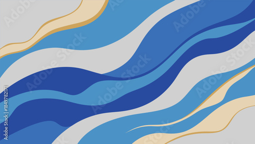 An abstract composition featuring flowing bands of beige light blue and darker blue shades creating a dynamic wave like visual effect