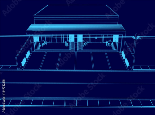 Architectural blueprint of a multi-windowed restaurant facade, created for construction. The detailed technical drawing includes street contours and building outlines.