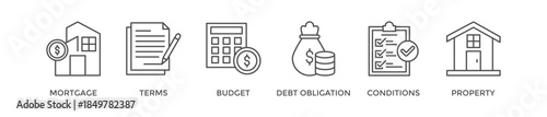 Refinance banner web icon vector illustration concept with icon of mortgage, terms, budget, debt obligation, conditions and property
