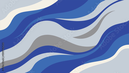 An abstract composition featuring flowing curved bands of blue gray and white creating a dynamic and modern visual pattern