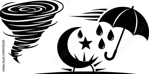 Black and white vector art of tornado hurricane cyclone and umbrella with raindrops protecting crescent star raining weather elements chaotic stormy concept
