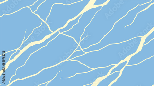 A light blue background is dramatically intersected by jagged creamy yellow lines resembling abstract lightning or cracked earth