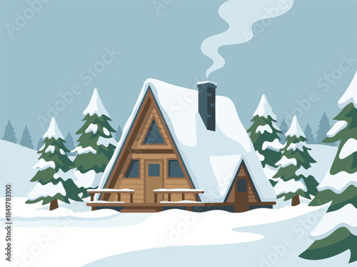 Peaceful winter wilderness scene with cabin, snowshoer, and deer at sunset