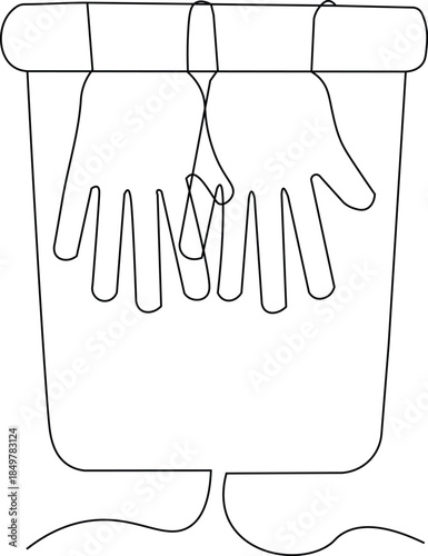 Minimalist single line drawing of two hands reaching into a basket or trash can continuous line art concept