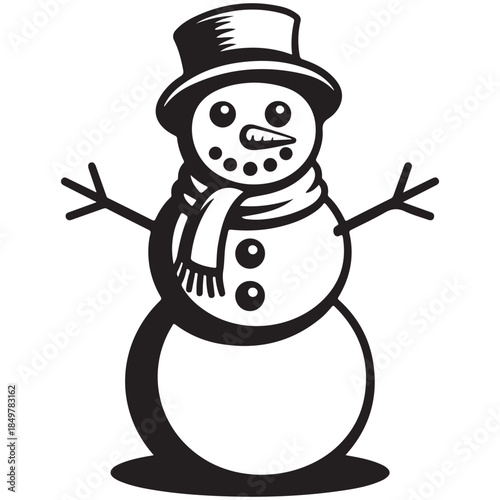 Friendly snowman in top hat and scarf smiling cheerfully