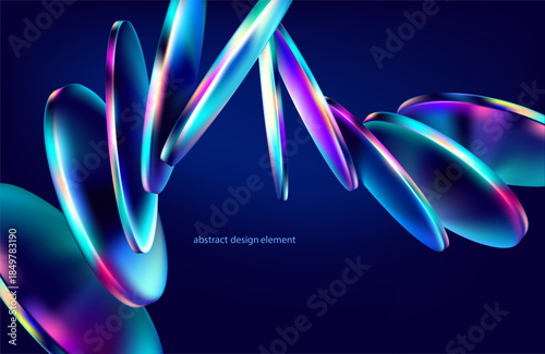 Abstract vector background of 3D glass circle and ovals. Transparent iridescent geometric shapes for poster and presentation design.