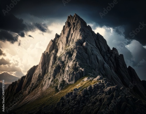 A craggy granite peak pierces dramatic storm clouds, its rugged face etched with shadows, showcasing nature's raw power and imposing beauty.