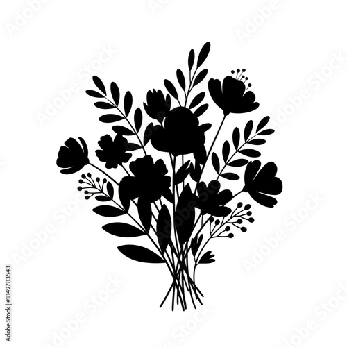 Elegant Black Silhouette of a Flourishing Bouquet Highlighting Nature's Simplicity