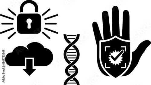 Black silhouette cyber security icons with locked padlock dna helix hand shield shielded checkmark data protection