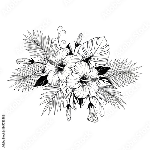 Elegant black and white floral arrangement with tropical leaves and delicate line work for