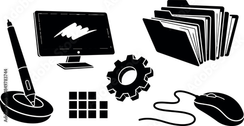 Black silhouette icons of writing pen computer monitor folders gear and computer mouse set in simple vector style