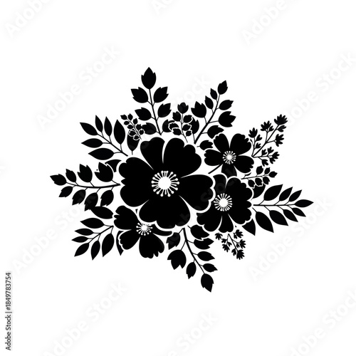 Elegant black floral silhouette arrangement emphasizing intricate plant shapes and natural harmony