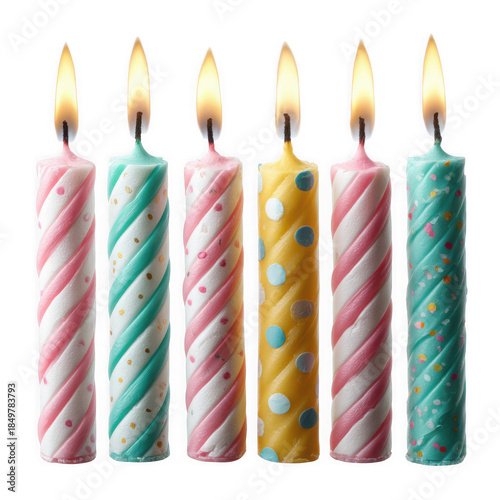 Six colorful lit birthday candles with a playful spiral design on a