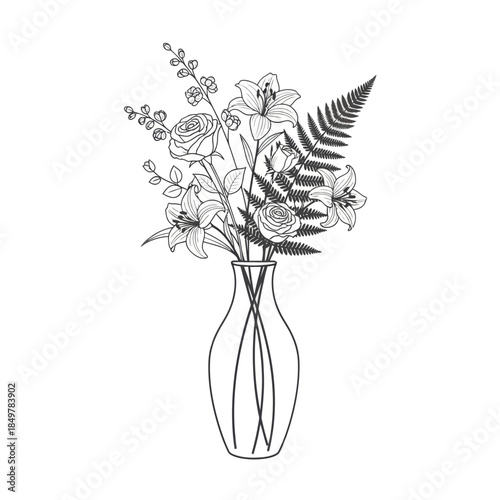 Elegant monochrome botanical floral arrangement in simple glass vase with diverse leaf shapes and