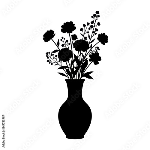 Elegant Black Silhouette of a Flower Arrangement in a Classic Vase for Artistic Decor