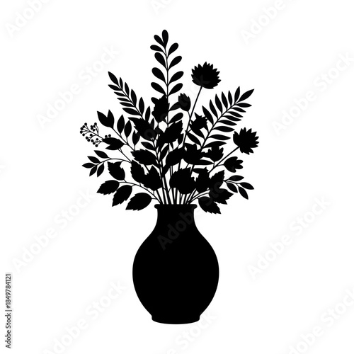 Elegant silhouette of a flower bouquet in a classic vase with detailed foliage and blossoms