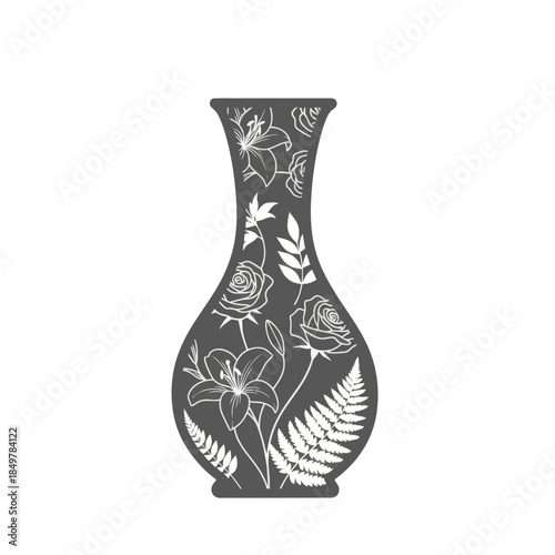 Intricate floral silhouette design on a monochrome vase emphasizing natural patterns and detailed