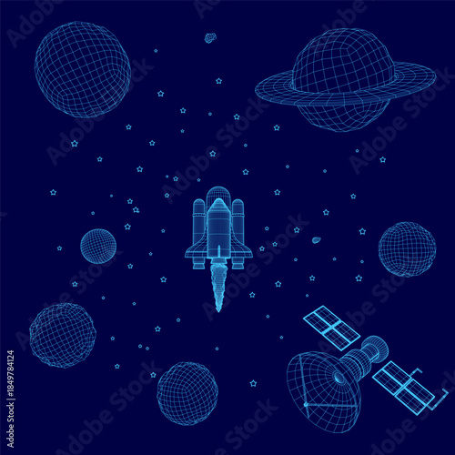 A wireframe spaceship blueprint floats against a dark blue space backdrop, surrounded by planets, satellites, and distant stars.