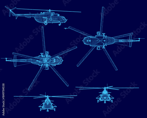 Military helicopter wireframes in a line on a stark blue background. Each detailed blueprint is distinct, providing a clean and technical schematic for aviation concepts.