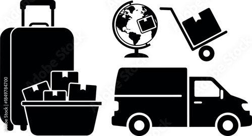 Black flat design luggage basket full of boxes delivery van parcel cart globe shipping logistics icons set