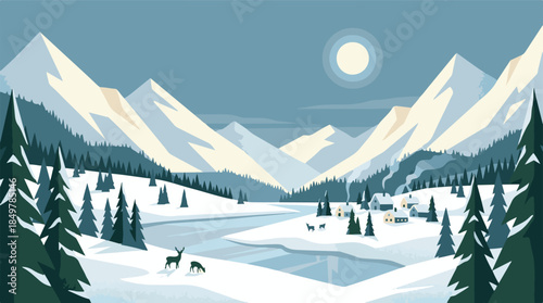 Idyllic winter landscape with snow-capped mountains, forest, and cozy cabin