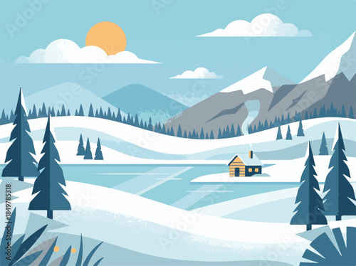 Winter mountain landscape with a cozy log cabin, snow, forest, and river