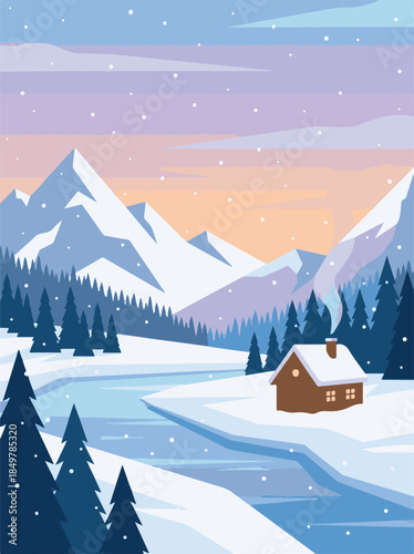 Winter mountain landscape with a cozy log cabin, snow, forest, and river