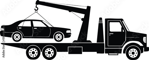 Black Silhouette of a Flatbed Tow Truck with a Hoisted Car, silhouette, illustration, vector